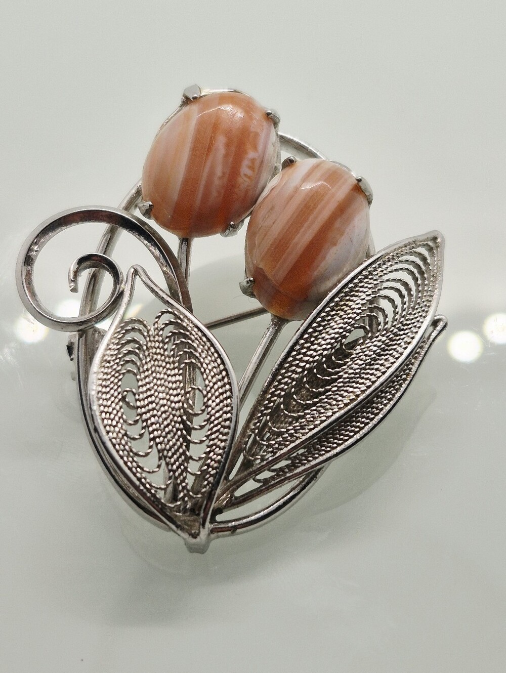Silver-Tone Floral Brooch with Peach Cabochons